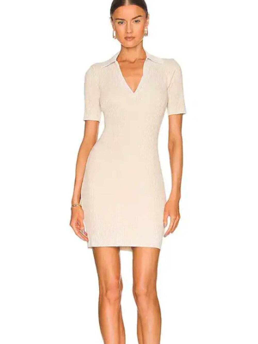 Cotton Citizen Ibiza Long Sleeve Ribbed Polo Dress Neutral Oatmeal Cream XS - Picture 3 of 7